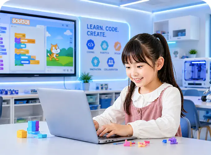 パソコンでブロックを使って学ぶ子ども